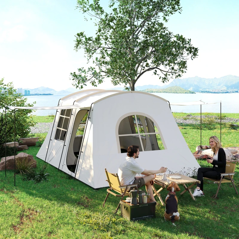 Outsunny 4 Man Tunnel Tent, Family Camping Tent with Porch, Bedroom and Living Area, Sewn in Groundsheet, 3000mm Waterproof, Portable with Bag for Hiking, Festival, Backpacking, Khaki