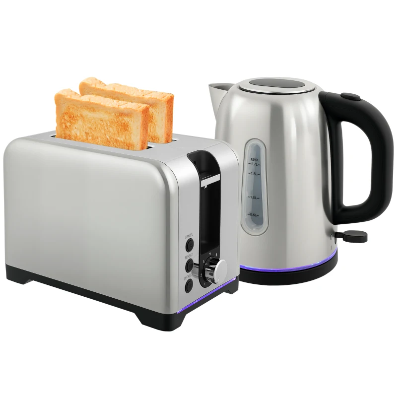 HOMCOM Simple Polished Toaster and Kettle Set - Silver Tone