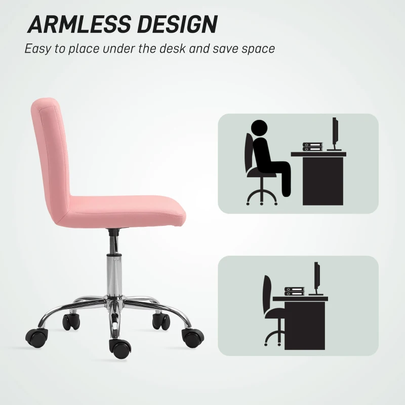 HOMCOM PU Leather Armless Office Chair, Modern Vanity Computer Swivel Chair with Rolling Wheels and Adjustable Height for Home Study, Bedroom, Pink