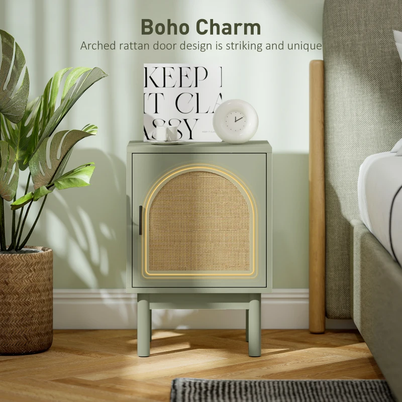 HOMCOM Rattan Bedside Table for Bedroom - Light Green