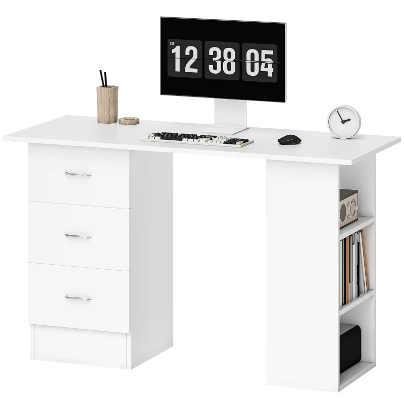 HOMCOM Computer Desk, Home Office Desk, Writing Table, PC Workstation with 3 Storage Shelves and 3 Drawers for Working, Study, 120 x 49 x 72 cm, White