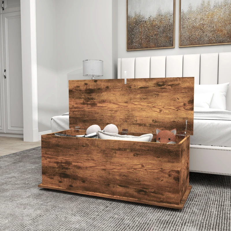 HOMCOM Storage Chest, Large 113L Blanket Box, Shoe Bench with Safety Hinged Lid, Storage Trunk, Bed End Bench for Bedroom, Hallway, Living room, Playroom, 100 x 40 x 40cm, Rustic Brown