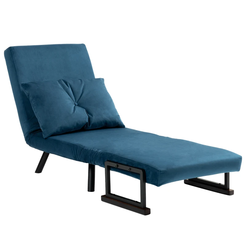 HOMCOM 4-in-1 Velvet-Feel Single Chair Bed, with Pillow - Navy Blue