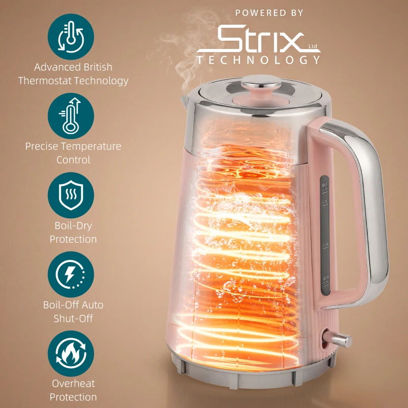 HOMCOM Electric Stainless Steel Kettle and Toaster Set, 3000W 1.7L UK Strix Thermostat Fast Boil Kettle Pink