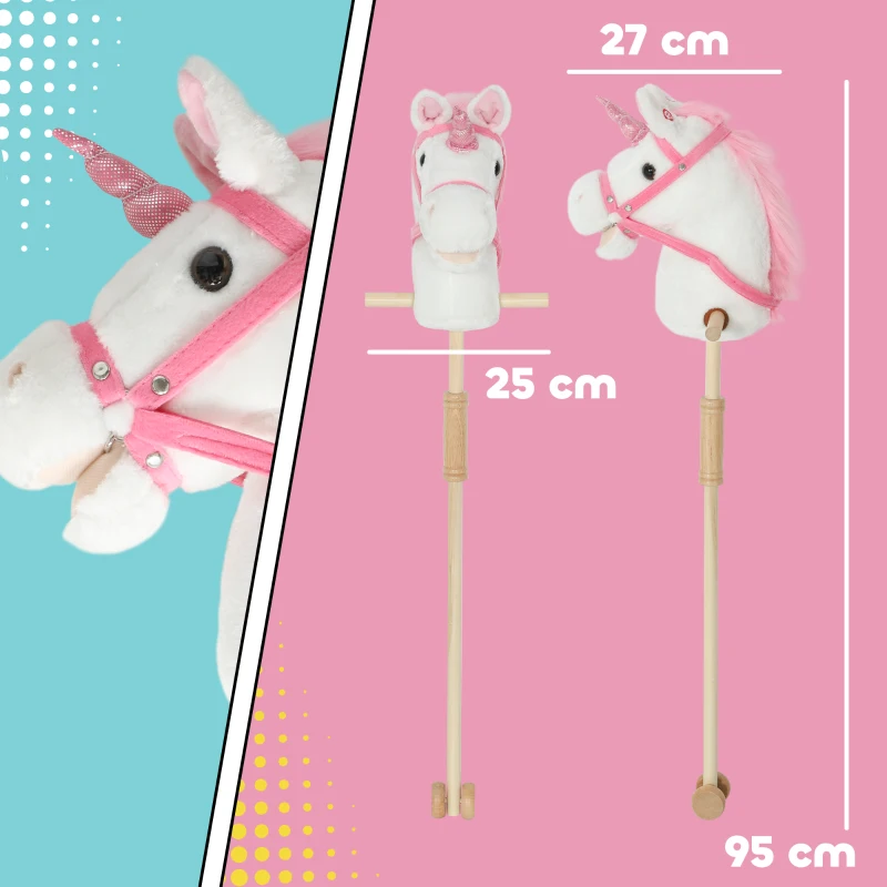 AIYAPLAY Unicorn Stick Horse with Wood Wheels, Real Pony Neighing and Galloping Sounds, Grip Handle, 95 cm, White