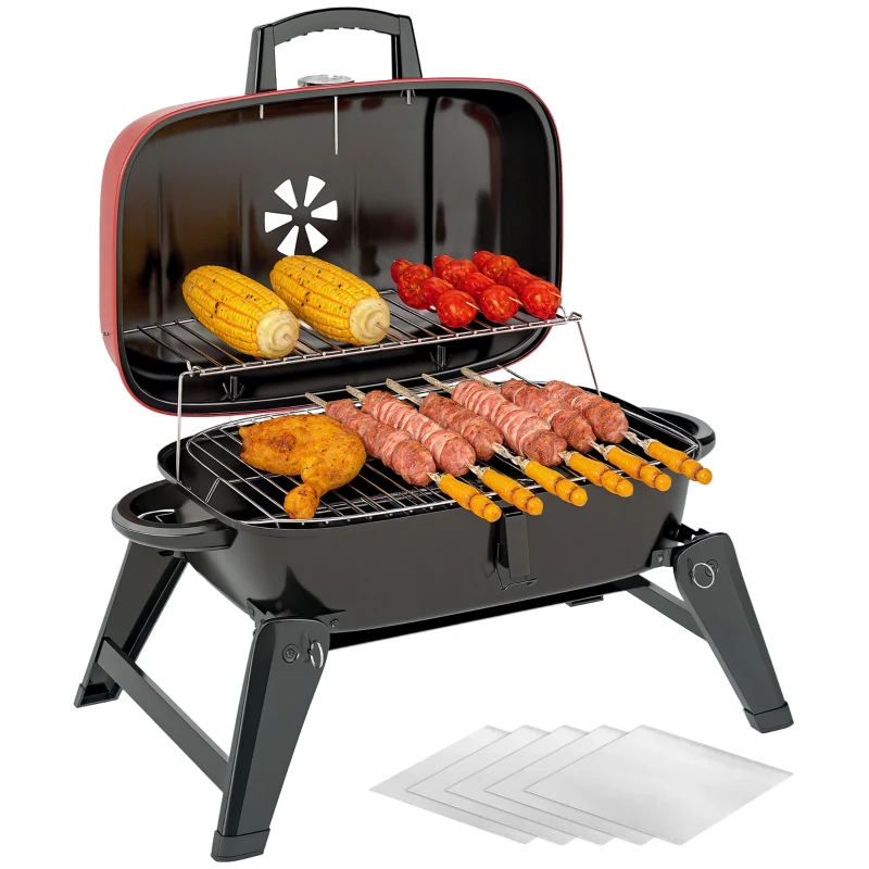 Outsunny Charcoal Barbecue Grill Folding Portable BBQ Grill for Camping with 1232 cm² Cooking Area, Adjustable Vent, Thermometer, Handles for Picnic, 59 x 37 x 36 cm, Red