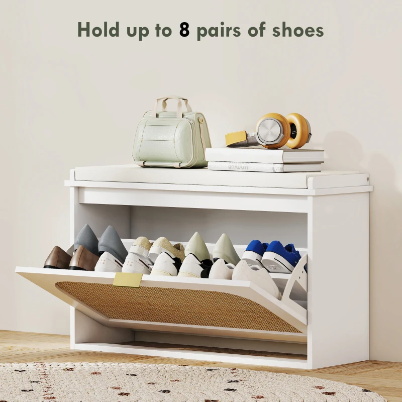 HOMCOM Boho Shoe Bench with Padded Seat and Flip-Drawer - White