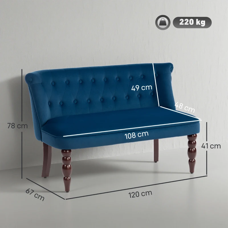 HOMCOM Velvet 2 Seater Sofa, Button Tufted Wingback Loveseat with Rubber Wood Legs for Living Room, Bedroom, Dark Blue