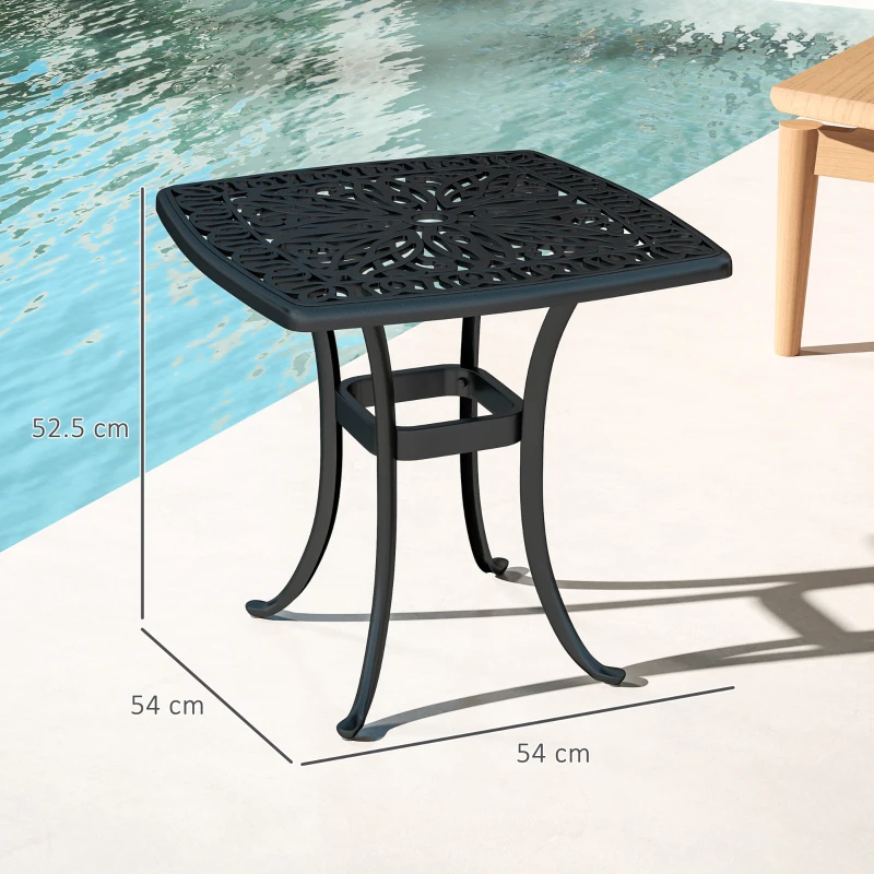 Outsunny Outdoor Garden Table, Cast Aluminium Patio End Table with Umbrella Hole and Anti-slip Foot Pads for Garden, Patio, Balcony, 54 x 54 cm, Black