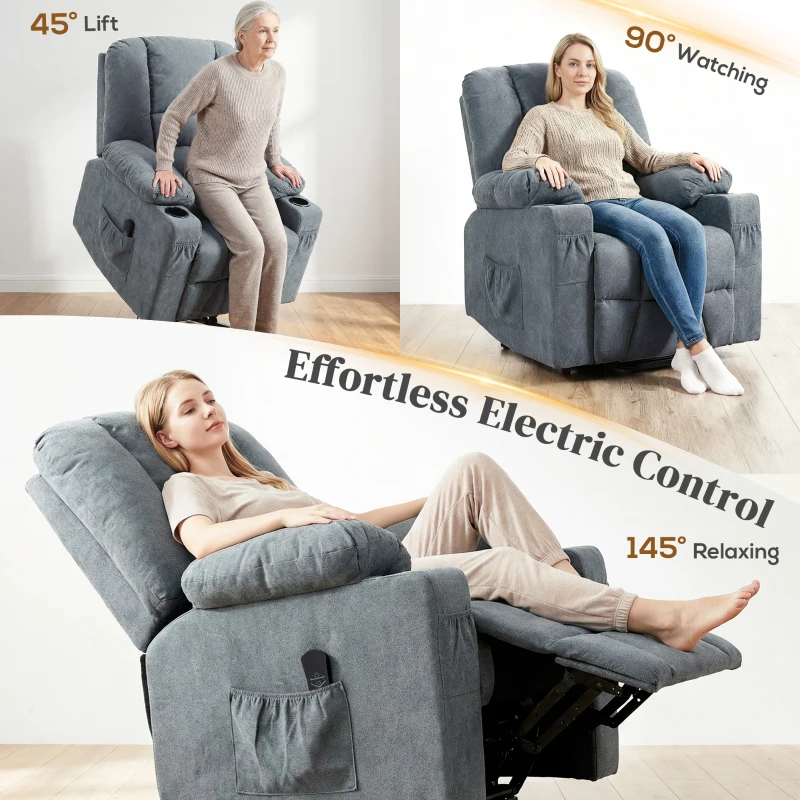 HOMCOM Oversized Riser and Recliner Chair for the Elderly, Fabric Upholstered Lift Chair for Living Room with Remote Control, Side Pockets, Cup Holder, Grey