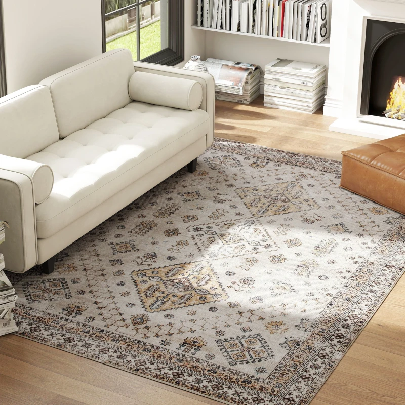 HOMCOM Vintage Area Rug, Non-Slip Washable Rug, Flannel Floor Carpet for Living Room, Bedroom, Dining Room, Home Office, 290 x 200 cm, Beige