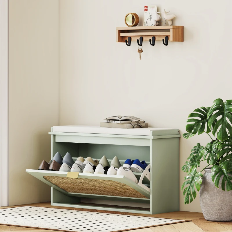 HOMCOM Boho Shoe Bench with Padded Seat and Flip-Drawer - Light Green