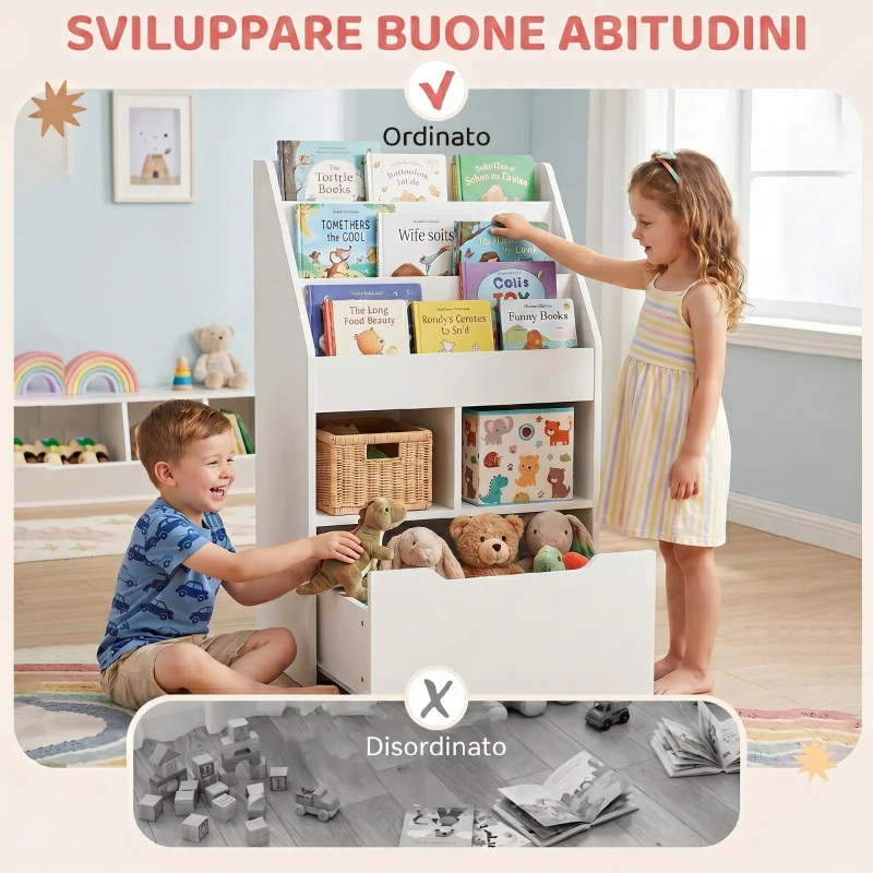 HOMCOM Piccola Libreria per Bambini con Ripiani e Cassetto in MDF, 60x29.9x90cm, Bianco