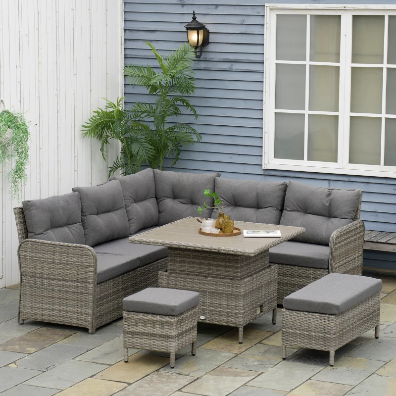 Outsunny 7 Seater Rattan Garden Furniture Set, 6 Piece Patio Dining Set with Liftable Coffee Table and Soft Padded Cushion, Wicker Sectional Conversation Corner Sofa, 123 x 55 x 84 cm, Grey