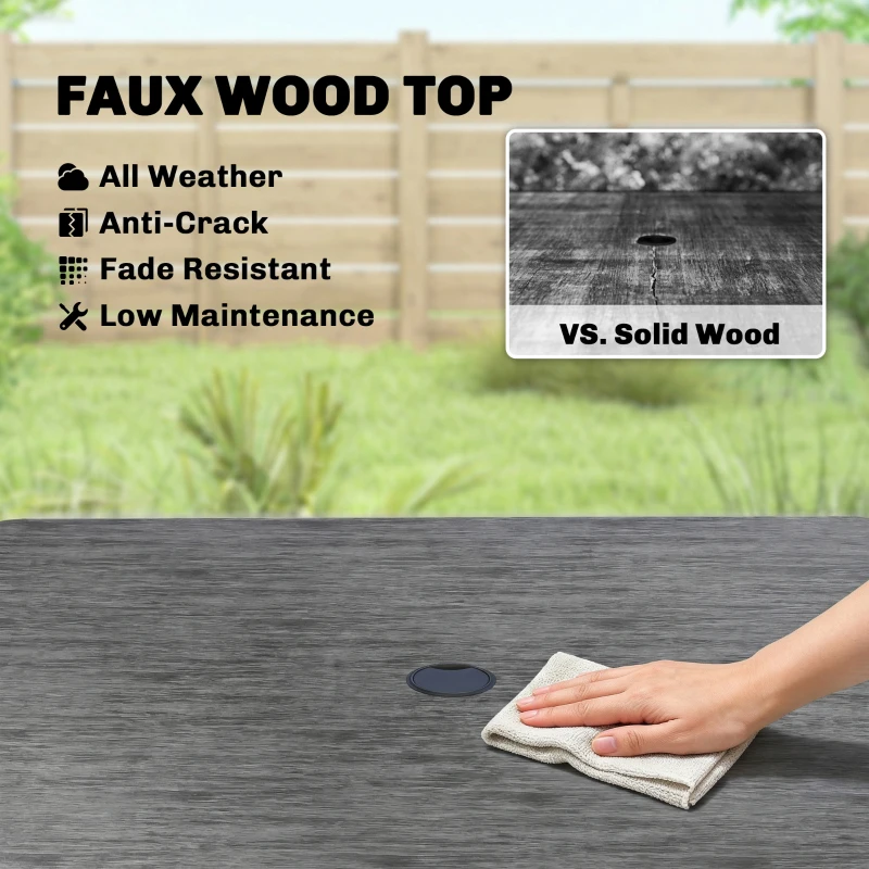 Outsunny Garden Dining Table for 4, 85 cm Square Outdoor Table with Umbrella Hole, Faux Wood Top, Metal Legs, Dark Grey