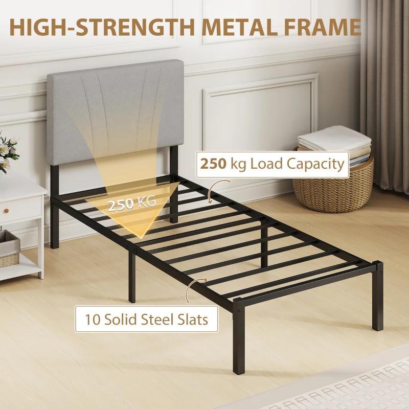 HOMCOM 3FT Single Bed Frame with Upholstered Headboard and Underbed Storage, Black and Light Grey