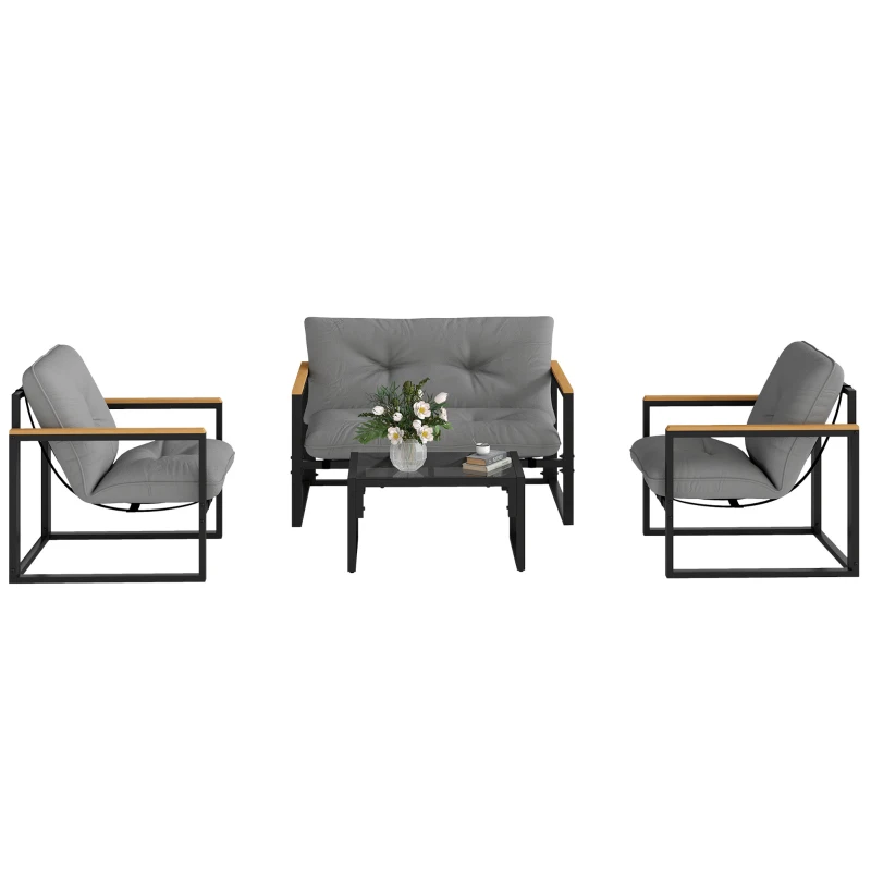Outsunny Garden Furniture Set, 4 Piece Indoor Outdoor Conservatory with Loveseat Sofa, Armchairs, Glass Top Coffee Table, Cushions for Balcony, Poolside, Patio, Light Grey