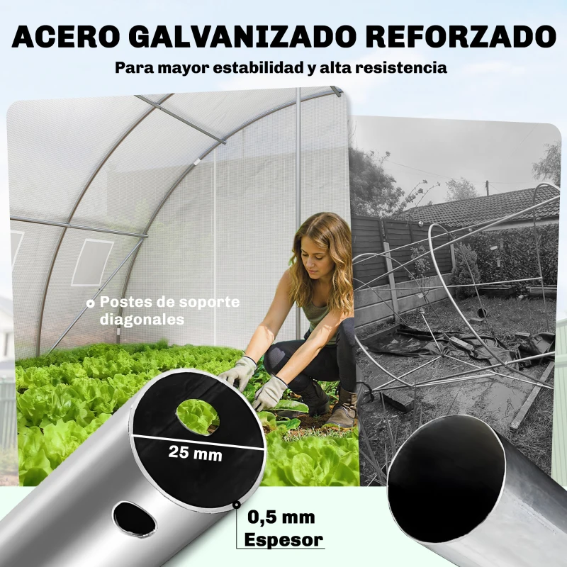 Outsunny Invernadero de Túnel con 2 Varillas de Soporte 2 Puertas Enrollables y Ventanas de Malla Cubierta de PE Anti-UV Blanco