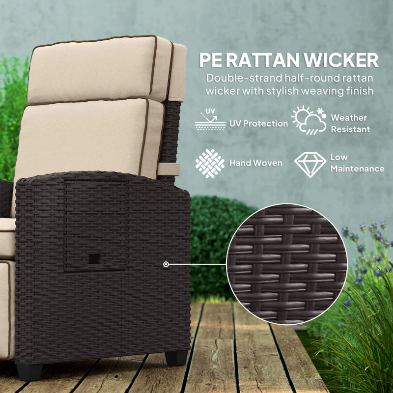 Outsunny 145° Reclining Rattan Armchair, with Footrest - Brown/Khaki