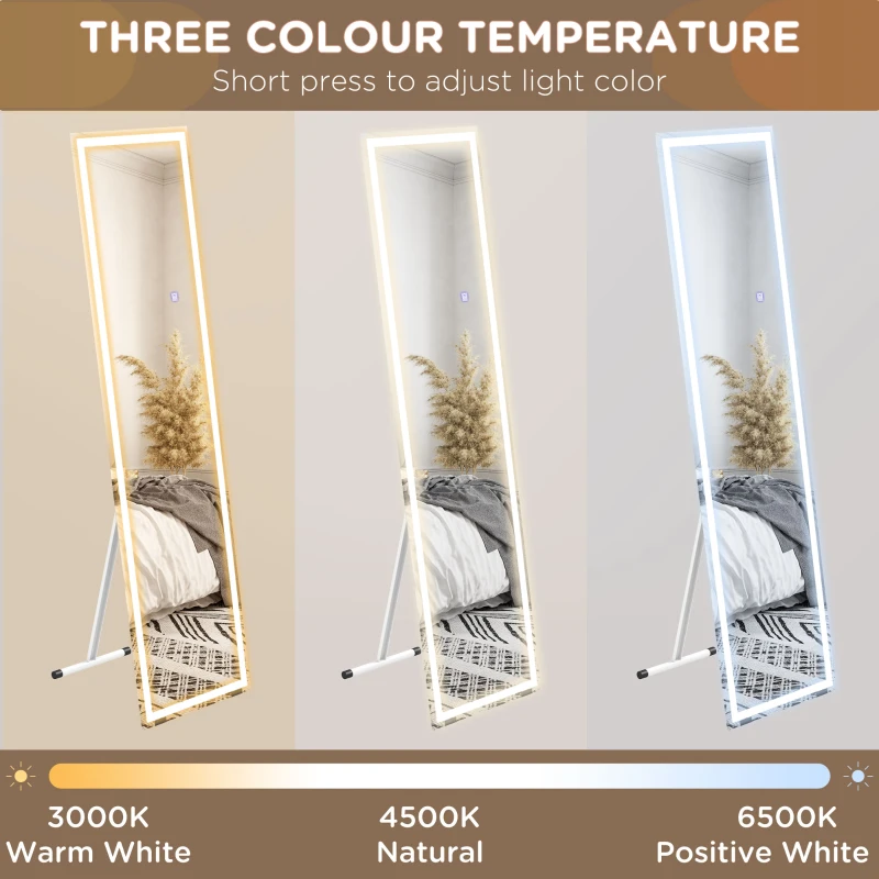 HOMCOM Standing Dressing Mirror with LED Lights, Wall Dressing Mirror for Bedroom with Dimmable and 3 Colour Lighting, White