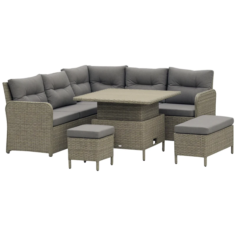 Outsunny 7 Seater Rattan Garden Furniture Set, 6 Piece Patio Dining Set with Liftable Coffee Table and Soft Padded Cushion, Wicker Sectional Conversation Corner Sofa, 123 x 55 x 84 cm, Grey