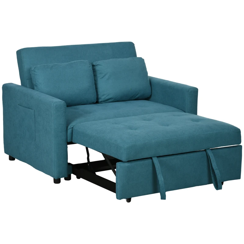 HOMCOM Loveseat Sofa Bed, Convertible Bed Settee with 2 Pillows, Side Pockets, Blue