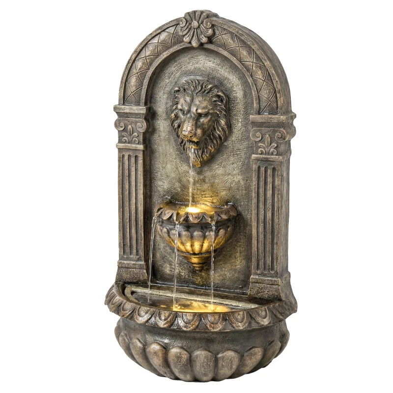 Outsunny Wall-Mounted Water Fountain, 3-Tier Cascading Waterfall with LED Lights and Adjustable Flow for Patio, Rustic Brown
