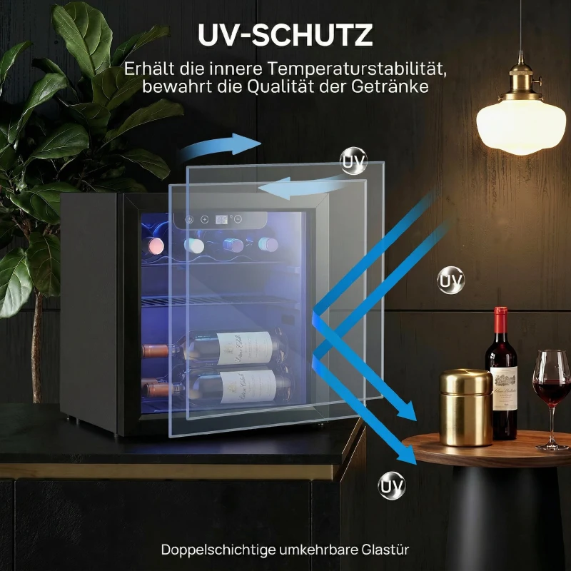 HOMCOM Weinkühler für 12 Flaschen, 36 L Kapazität, 4–16°C, Unterbau Kühlschrank für Getränke und Bier, mit Glastür, LED-Licht