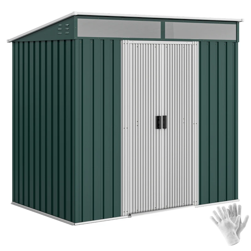 Outsunny 6.5 x 4FT Galvanised Metal Shed with Foundation Kit, Lockable Tool Garden Shed with Double Sliding Doors, Vents, Green