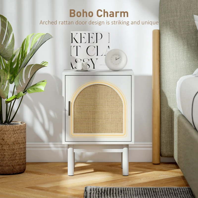 HOMCOM Rattan Bedside Table for Bedroom - White