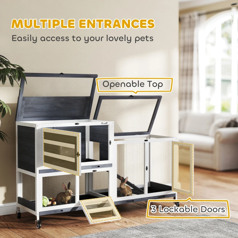 PawHut Wooden Rabbit Hutch w/ Run, 2-Tier Guinea Pig Hutch with Run, Wheels, 3 Plastic Trays, 2 Openable Tops, for 2-3 Rabbits