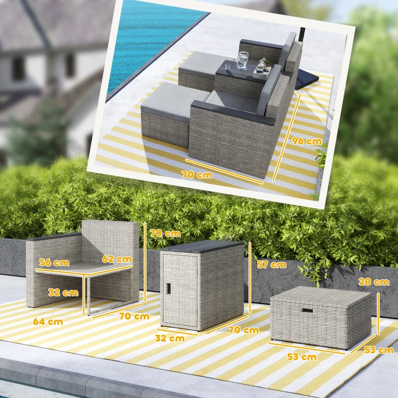 Outsunny 5 Piece Rattan Garden Furniture Set with Storage Table, Footstools, Cushions, Grey