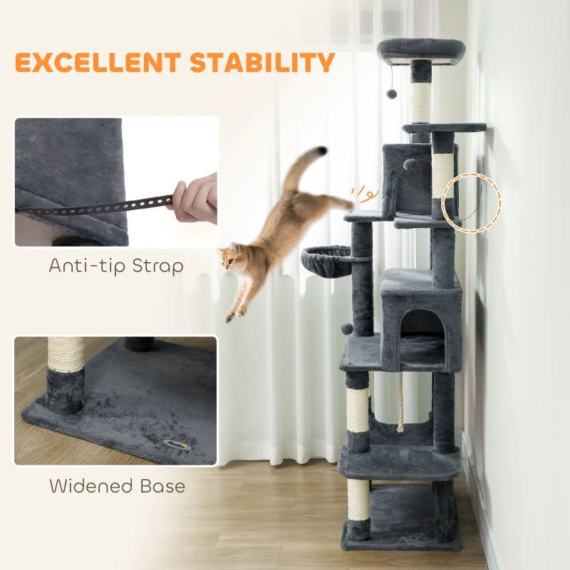 PawHut 202cm Cat Tree with 6 Scratching Posts, 2 Hammocks, 2 Condos, 2 Perches, Pompoms, for Indoor Cats to Rest and Play