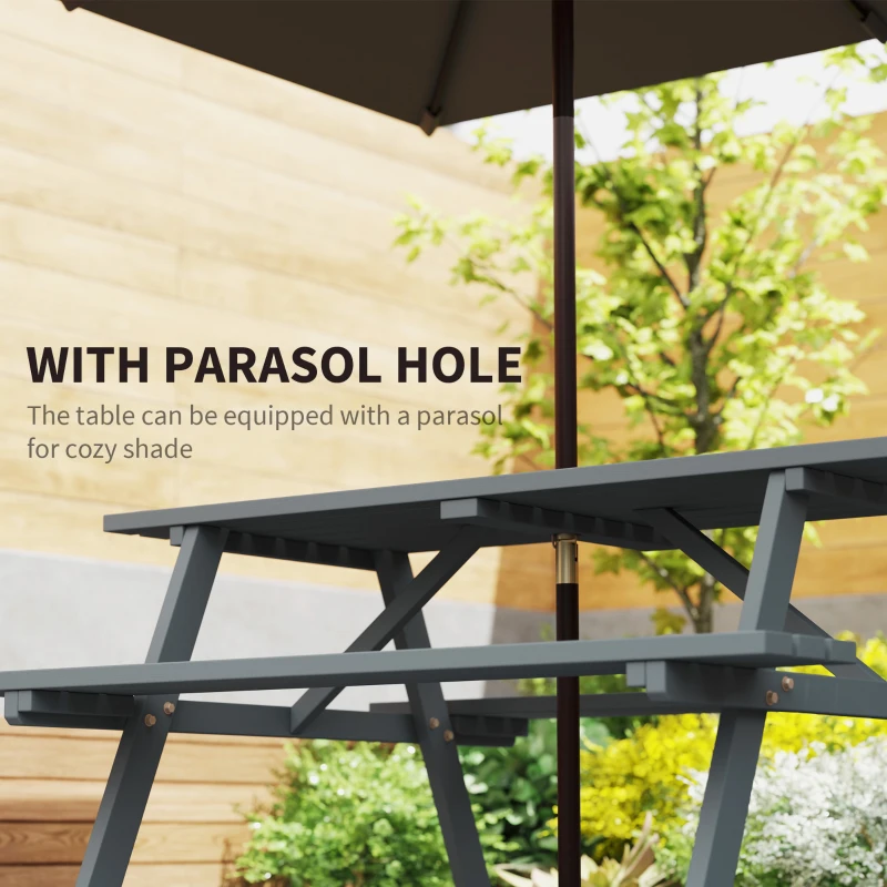 Outsunny 6 Seater Wooden Picnic Table Bench for Outdoor Garden or Patio with Parasol Cutout 150 cm Grey