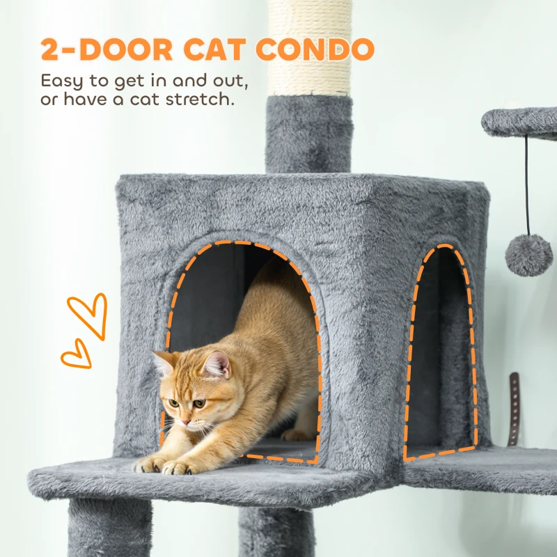 PawHut 202cm Cat Tree with 6 Scratching Posts, 2 Hammocks, 2 Condos, 2 Perches, Pompoms, for Indoor Cats to Rest and Play