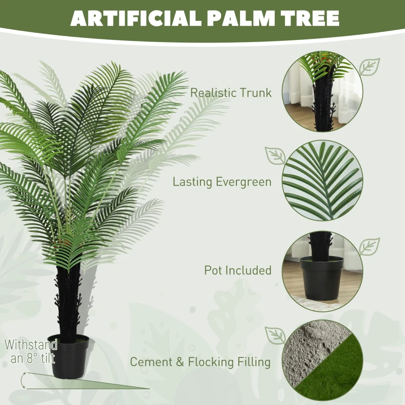HOMCOM 175cm Artificial Areca Palm Tree with 16 PE Leaves, Decorative Artificial Plant with Plastic Pot and Flocked Soil, Fake Plant for Home Office Decor, Green