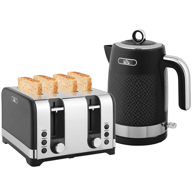 HOMCOM Sleek Textured Kettle and Four-Slice Toaster Set - Black