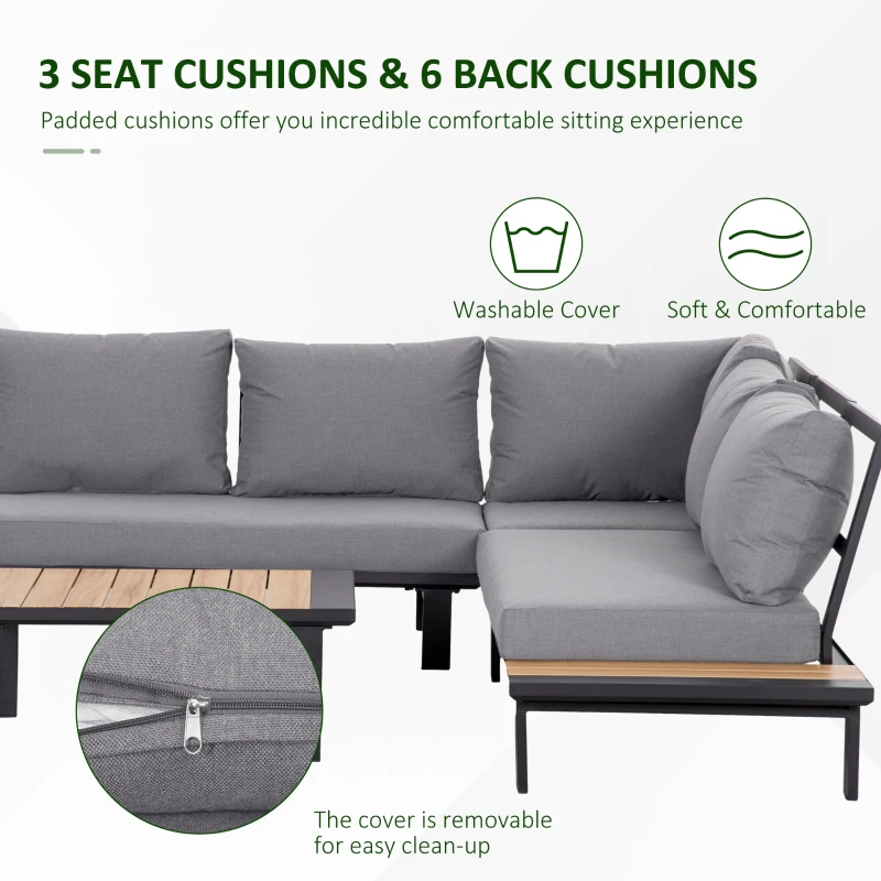 Outsunny 4 Pieces Aluminium Garden Furniture Set L Shape Sofa Set with Tables, Cushions for Indoor, Garden, Patio, Dark Grey