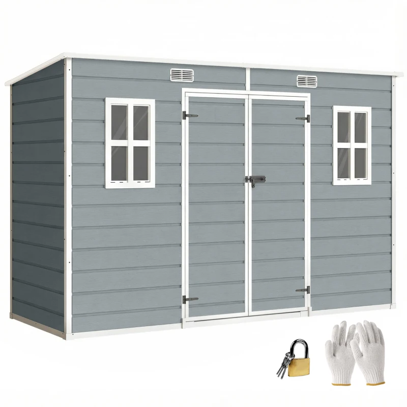 Outsunny 10 x 4 ft Resin Garden Shed, Outdoor Storage Shed with Floor, Windows, Lockable Doors and Vents, Grey