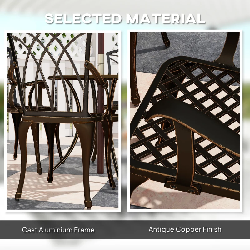 Outsunny 5 Pieces Garden Dining Set for 4, Cast Aluminium Outdoor Dining Set with 4 Armchairs and Round Dining Table with Parasol Hole, Garden Furniture Bistro Set, Bronze Tone