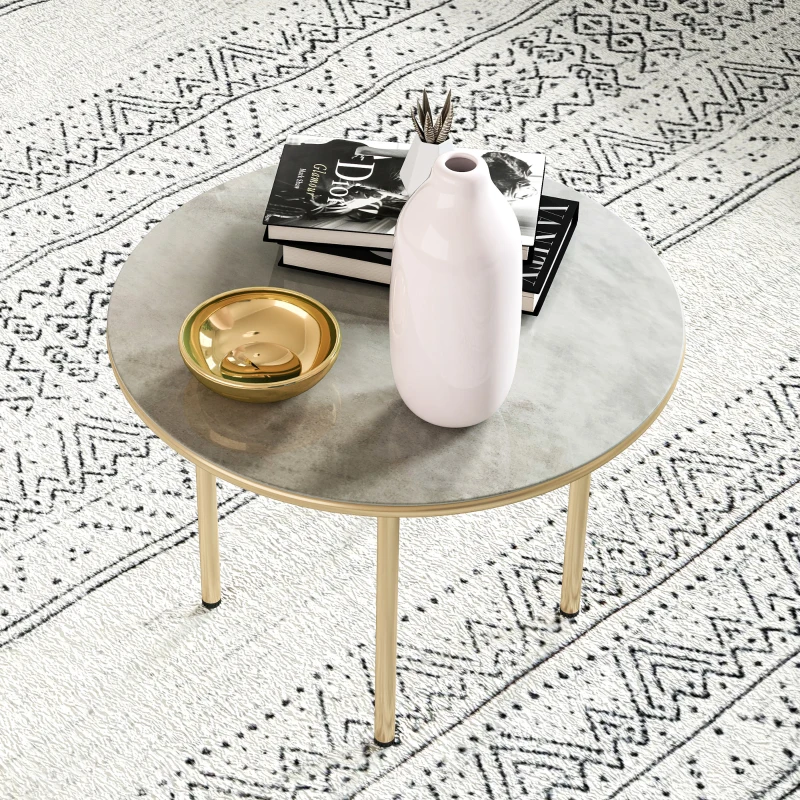 Outsunny Round Coffee Table, Modern End Side Table with Faux Marble Tempered Glass Top, Steel Frame for Living Room, Bedroom, Office, Beige
