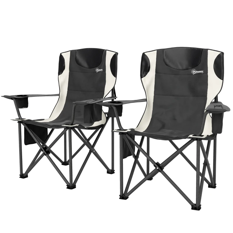 Outsunny Set of 2 Folding Camping Chairs, Padded Camping Chairs with Adjustable Armrests, Portable & Lightweight Folding Camp Chair with Cooler Bag, Cup Holder and Side Pockets, Black