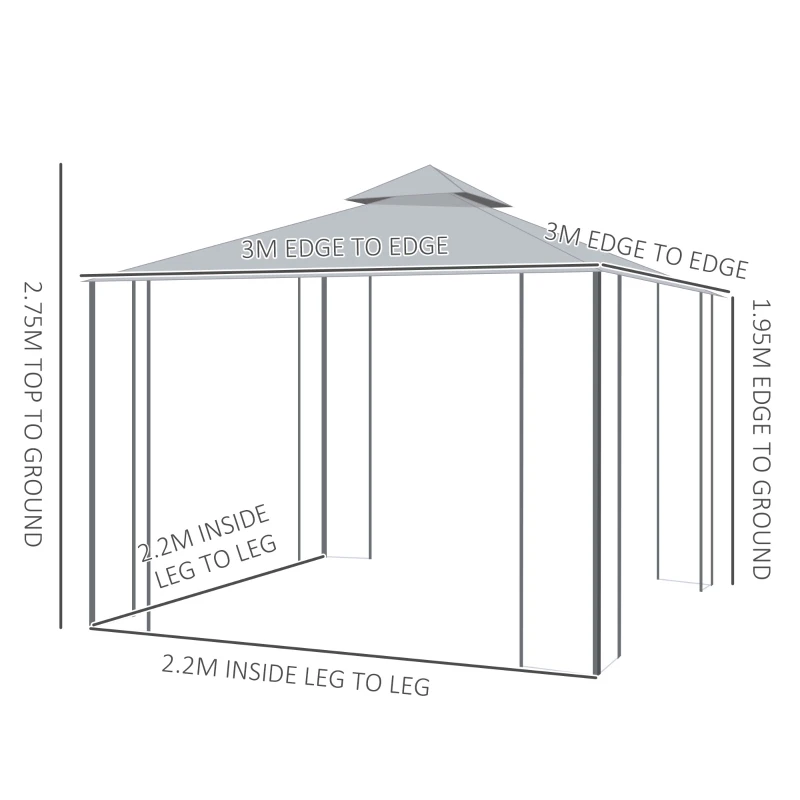 Outsunny 3(M)x3(M) Garden Gazebo Double Top Outdoor Canopy Patio Event Party Wedding Tent Backyard Sun Shade with Netting - Grey