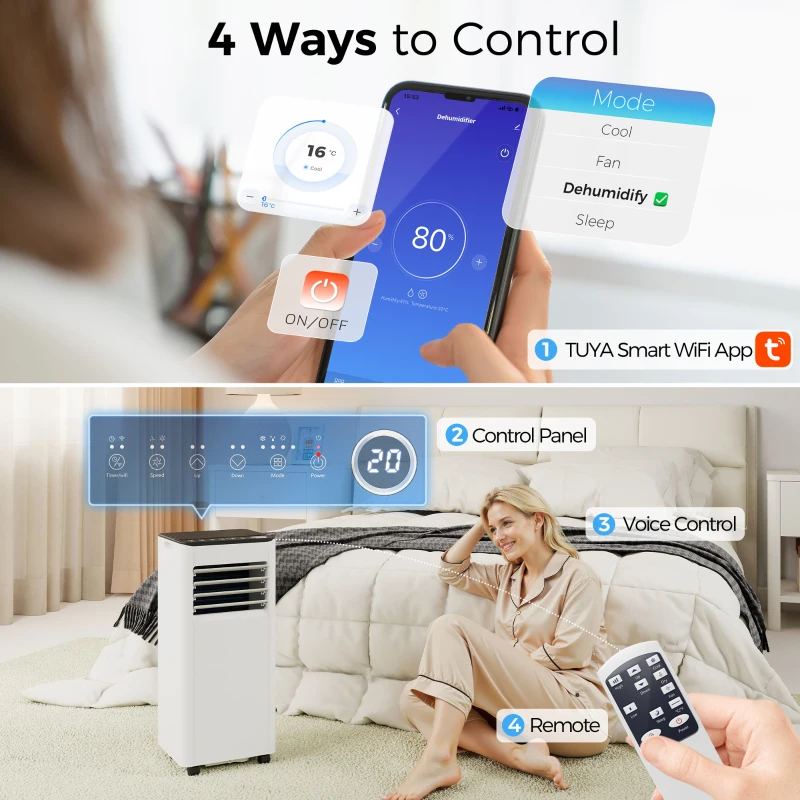 HOMCOM Portable Air Conditioner 7000 BTU, 4-in-1 AC Unit with Cool, Dehumidifier, Fan, Sleep Mode, WiFi Voice Remote Control
