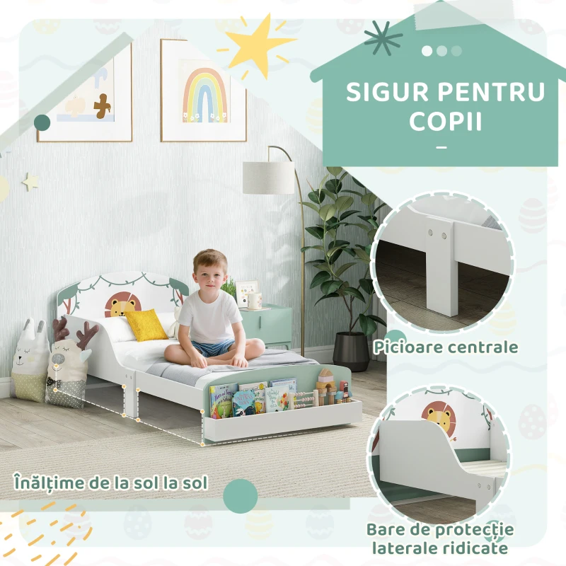 AIYAPLAY Pat pentru Copii 3-8 Ani din Lemn cu Spațiu de Depozitare și Bariere Laterale, 150x77x60 cm, Verde