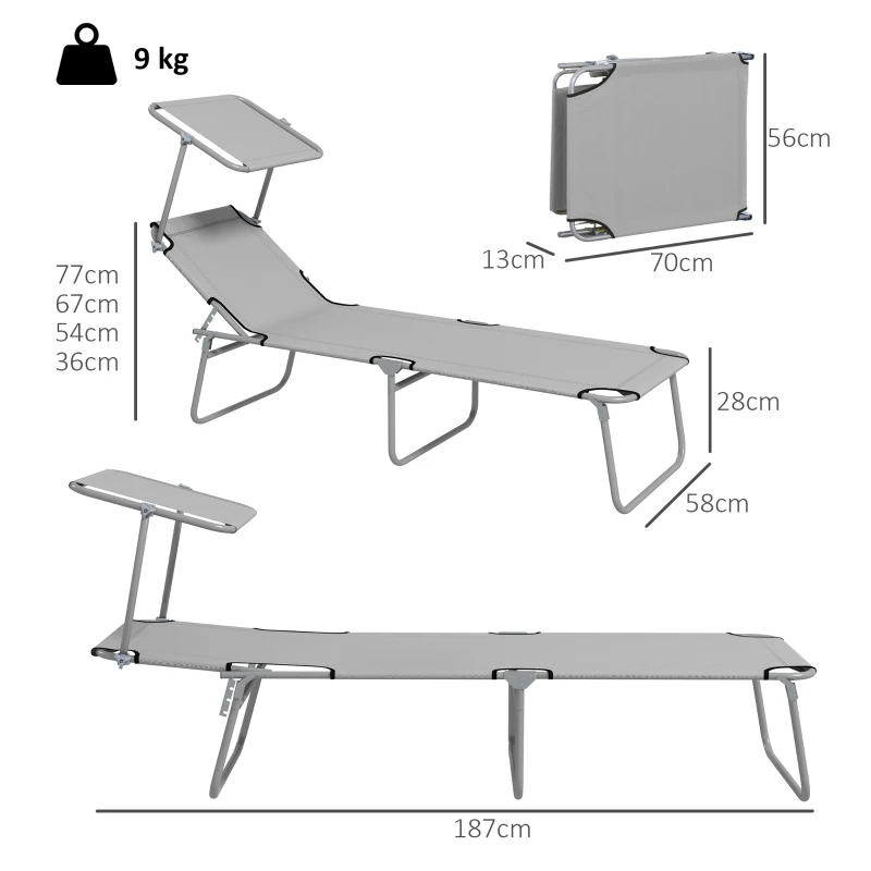 Outsunny Folding Sun Lounger Set of 2 with Canopy, Reclining Sunbed with 4-Position Adjustable Backrest, 600D Oxford Cloth, Portable Garden Lounger Recliner Chair for Beach, Camping, Patio, Light Grey