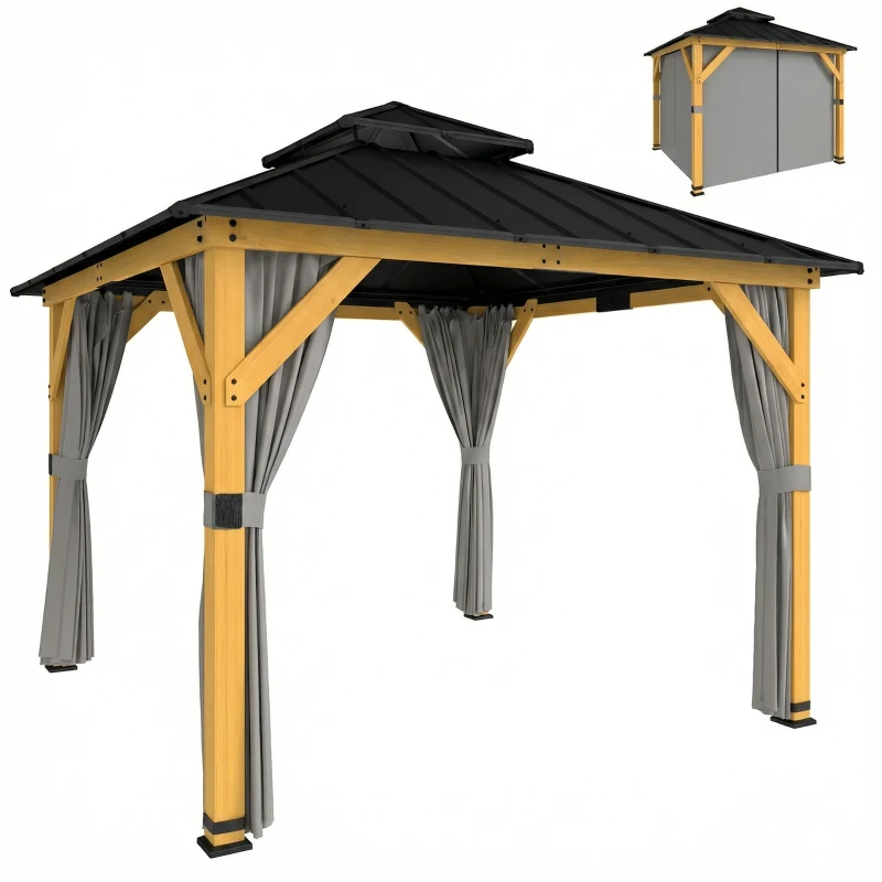 Outsunny 3 x 3 m Outdoor Hardtop Gazebo Canopy with 2-Tier Steel Roof, Wood Garden Gazebo with Curtains, Grey