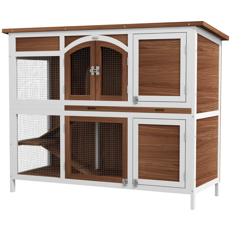 PawHut Two-Tier Wooden Pet Hutch with Openable Roof, Slide-Out Tray