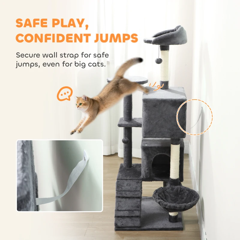 PawHut 140cm Large Cat Tree Tower with Sisal Scratching Posts, Cat Houses, Plush Perches, Hammock, Ladder, Dark Grey