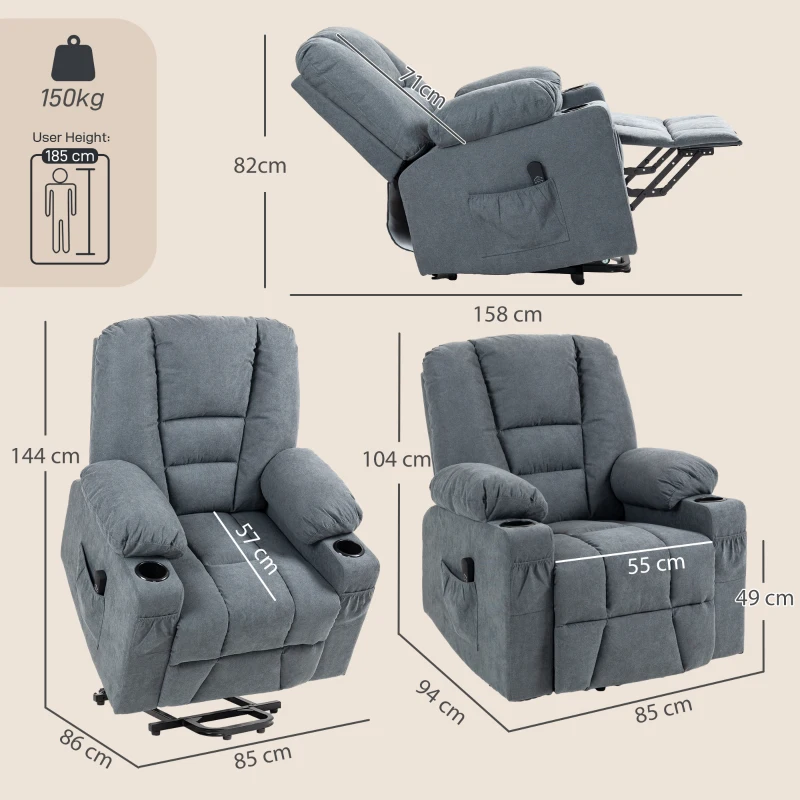 HOMCOM Oversized Riser and Recliner Chair for the Elderly, Fabric Upholstered Lift Chair for Living Room with Remote Control, Side Pockets, Cup Holder, Grey